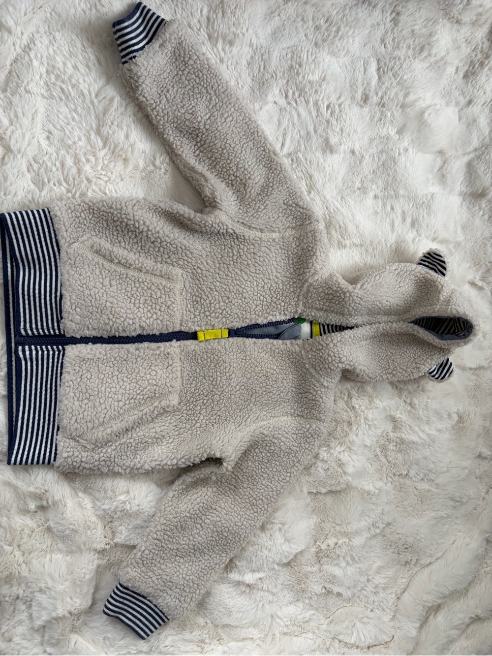Baby Boden Cozy Sherpa Hooded Jacket with Striped Trim